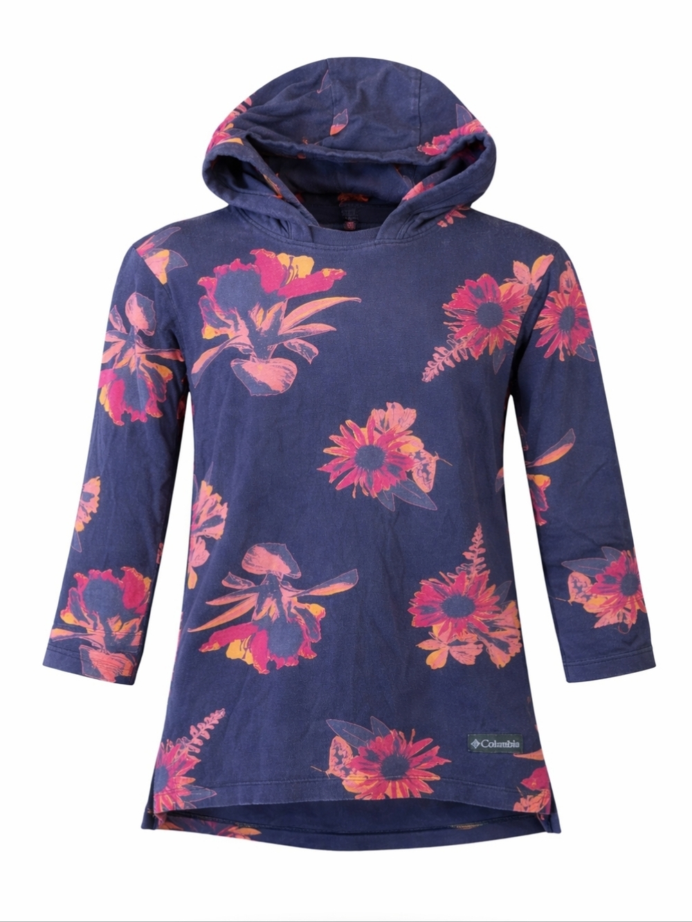 Columbia Hooded Tunic Shirt Tshirt Blue Flower Long Sleeves Girls Kids Small 7 8